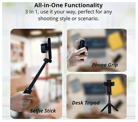 Takara HP-22 3-in-1 Extandable Grip Tripod Selfie Stick with Phone Holder Black